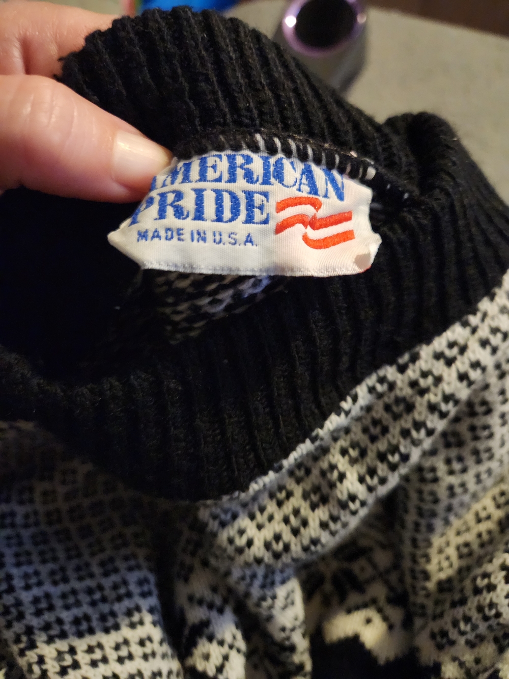Vintage American Pride 20W Black White Fair Isle Sweater Made in USA Nordic